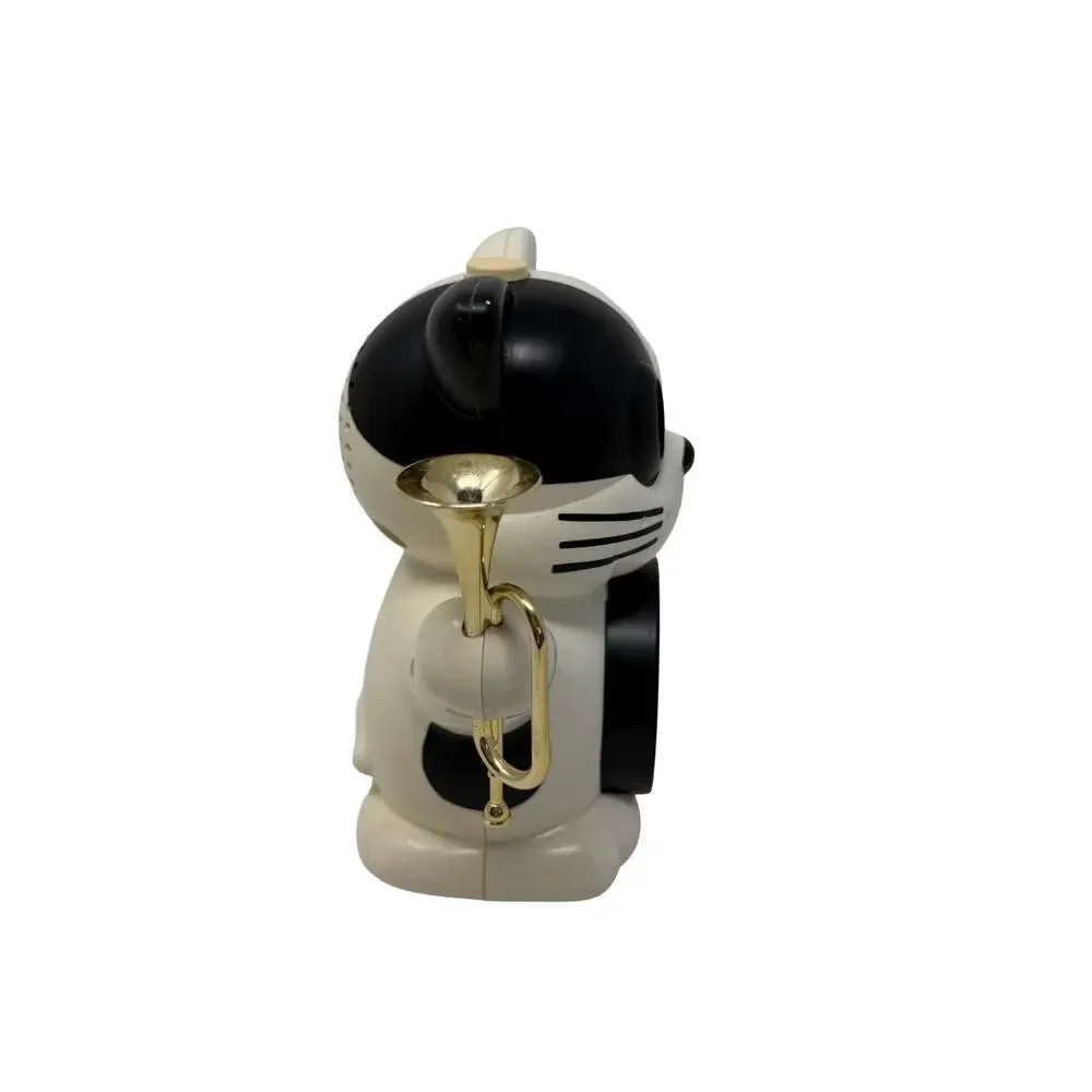 VTG Rhythm Rise & Shine w/ Bugle Singing Alarm Clock Black & White Cat Japan
